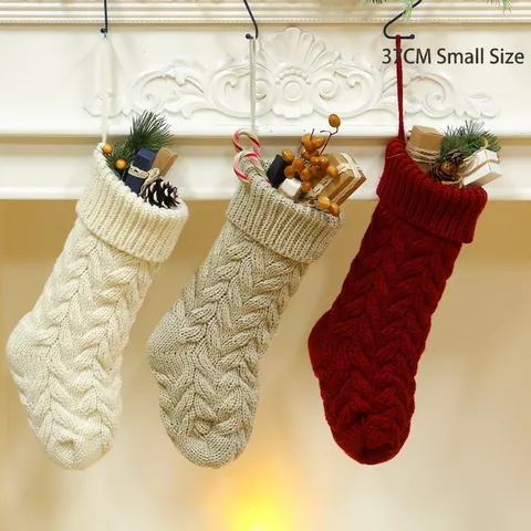 Christmas Stocking Knit Acrylic Cable Pattern Festive Hanging Gift Candy Bag Decoration Holiday Ornament Home Decor