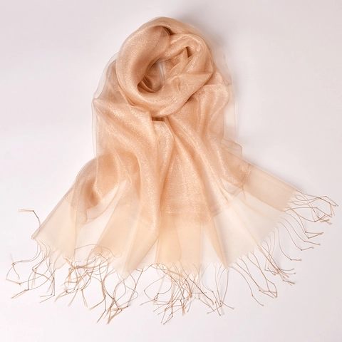 Women Shimmering Mulberry Satin Organza Shawl With Tassels Gradient Glitter Scarf For Evening Party Sunscreen Wrap