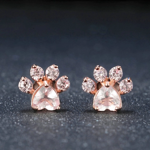Cat Paw Stud Earrings Rose Gold Plated Copper With Pink Heart Zircon Cute Animal Footprint Jewelry For Women