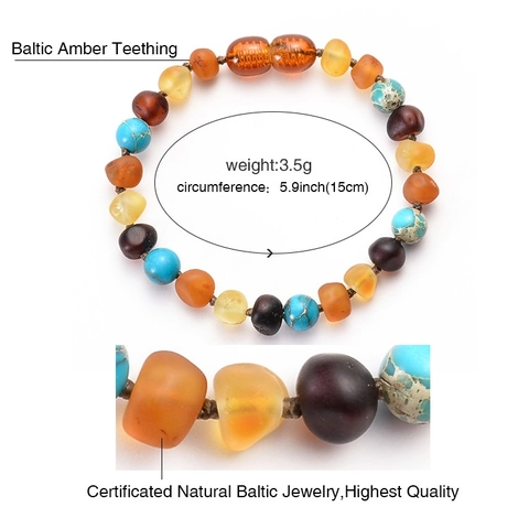 Natural Baltic Amber Teething Bracelet Handcrafted Multi Color Turquoise Malachite Beads For Baby Toddlers