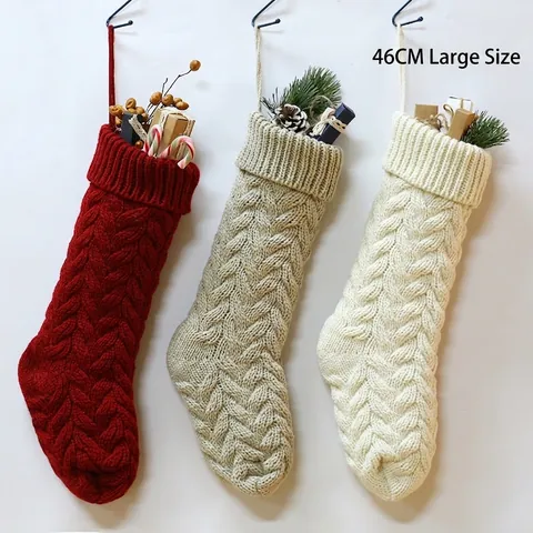 Calze Di Natale In Maglia Trecciata Acrilico Motivo A Foglie Sacchetti Regalo Da Appendere Per Camino Decorazione Casa