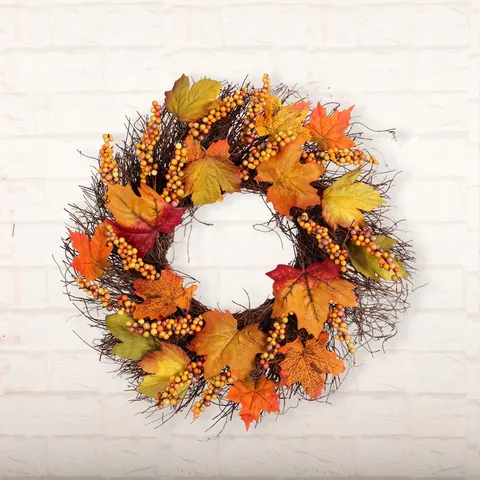 Autumn Maple Leaf Wreath Artificial Berry Rattan Vine Garland Thanksgiving Harvest Front Door Wall Decor Rustic Fall