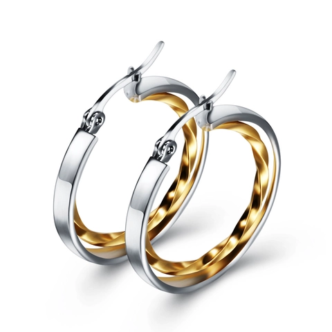 Edelstahl Rund Hohl Creolen Für Damen Minimalistisch Zweifarbig Gold Silber Gemischt Geometrisch Doppelschicht Ohrringe