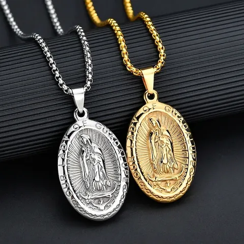 Notre-Dame De Guadalupe Vierge Marie Pendentif Collier Vintage En Acier Inoxydable Relief Ovale Chaîne De Boîte Bijoux Religieux