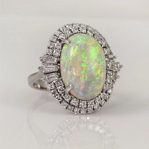 Anillo Para Mujer Con Gran Opalo Artificial Ovalado Y Halo De Circonita En Cobre Joyería De Lujo Estilo Vintage