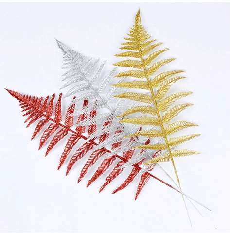 Artificial Glitter Fern Leaves Hollow Sparkling Plastic Branches For Christmas Tree Decoration Festive Home Party Floral Arrangement