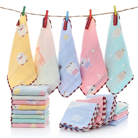 Cotton Gauze Baby Washcloth Soft Absorbent Square Towel Handkerchief Cartoon Print Newborn Face Cleaning Scalloped Edge