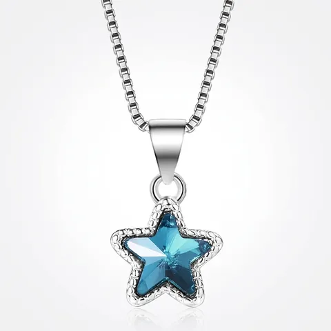Star Pendant Necklace Blue Artificial Crystal White Gold Tone Metal Beaded Edge Minimalist Jewelry For Women