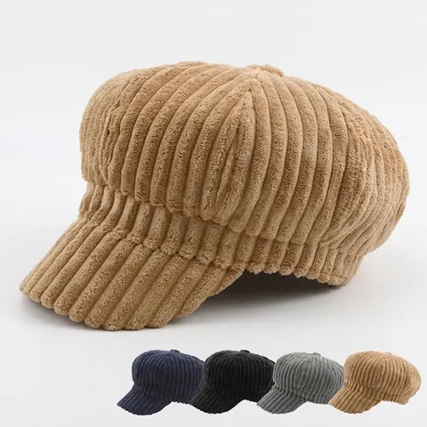 Gorra Newsboy Retro De Pana Sombrero Octogonal Para Mujer Otoño Invierno Cálido Rayado Vintage Estilo Británico
