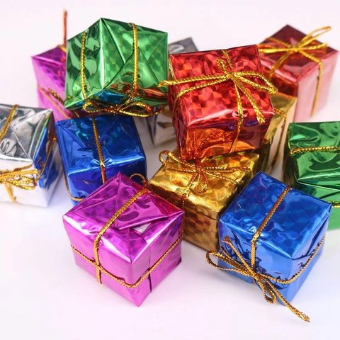 Mini Christmas Gift Box Ornaments Colorful Laser Foil Foam Hanging Decorations For Tree Holiday Party Shiny Metallic Gifts