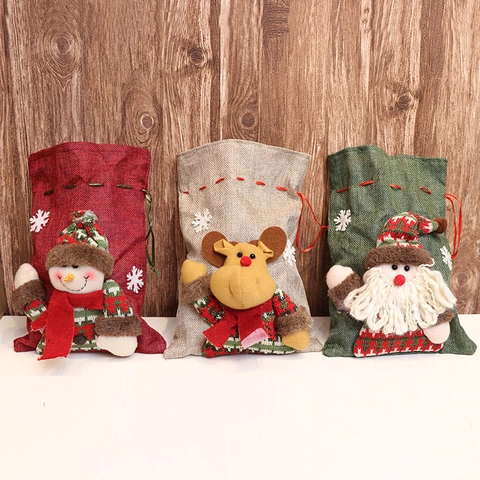 Weihnachts Geschenktüten Kordelzug Sackleinen 3D Plüsch Weihnachtsmann Schneemann Rentier Party Süßigkeitenbeutel