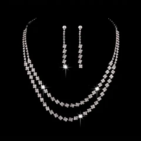 Elegante Collana a Doppio Strato con Strass Orecchini Bracciale Gioielli per Donna Matrimonio Sposa Banchetto Accessori