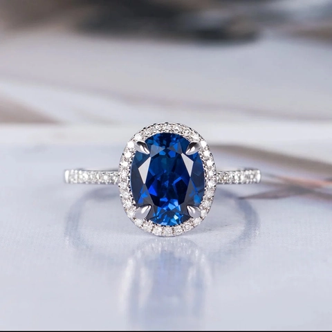 Oval Blue Cubic Zirconia Halo Ring Copper Silver Color Plated Elegant Jewelry For Women Engagement Wedding Party Gift