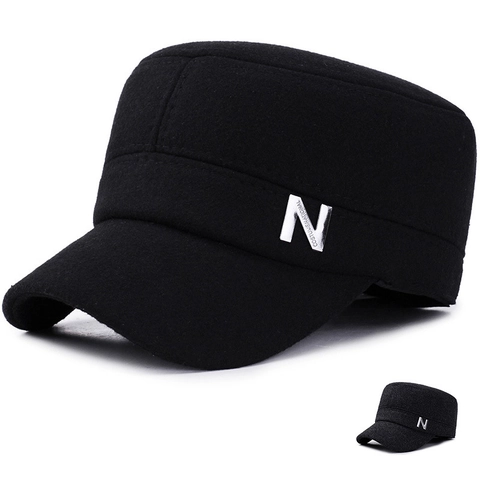 Men Winter Cadet Cap Flat Top Military Hat Warm Thick Polyester Feel Ear Protection Adjustable Casual Solid Color