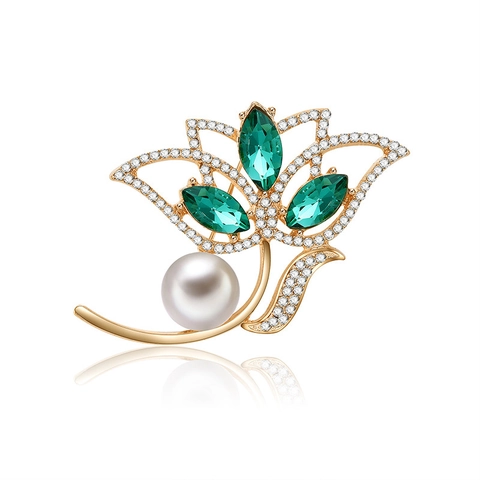 Elegante Spilla A Fiore In Lega Tonalità Oro Con Pietra Marquise Verde Smeraldo Zircone Bianco E Perla Artificial Rotonda Per Donna