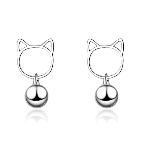 Pendientes De Gato Con Campana Contorno Cabeza Hueca Forma Animal Cobre Chapado En Oro Blanco Para Mujeres