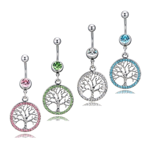 Tree Of Life Belly Button Ring 316L Stainless Steel Rhinestone Dangle Navel Piercing Jewelry For Women Fashion Lucky Tree