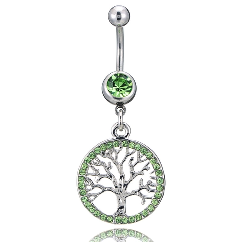 Tree Of Life Belly Button Ring 316L Stainless Steel Rhinestone Dangle Navel Piercing Jewelry For Women Fashion Lucky Tree
