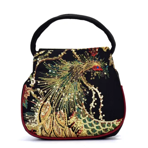Mini Bolso De Mano Estilo Étnico Con Bordado De Pavo Real Lona Con Lentejuelas Estilo Chino Retro Para Mujer Diario