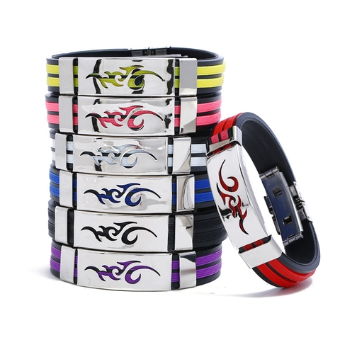 Men Bracelet Stainless Steel Silicone Flame Tribal Pattern Adjustable Sporty Trendy Punk Style Wristband For Unisex