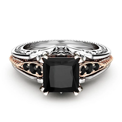 Vintage Women Ring With Square Black Cubic Zirconia Copper Hollow Carved Design Rose Gold Tone Accents Jewelry