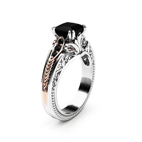 Vintage Women Ring With Square Black Cubic Zirconia Copper Hollow Carved Design Rose Gold Tone Accents Jewelry