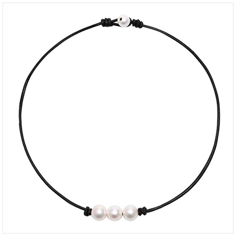 Handgefertigte Süßwasserperlen Echtlederkordel Choker Halskette Bohemian Minimalistischer Schmuck Für Damen