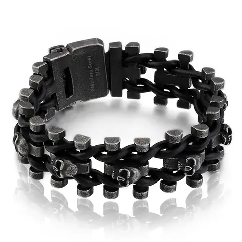 Retro Schedel Hoofd Heren Armband Gevlochten Leren Koord En 316L Roestvrij Staal Punk Rock Gothic Biker Sieraden