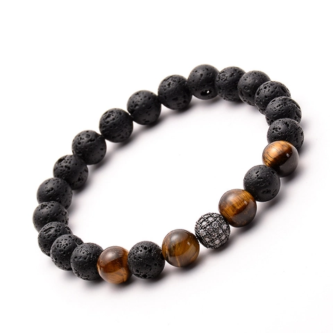 Bracciale In Pietra Lavica Naturale Con Occhio Di Tigre Sfera In Zircone Micro Pavè Diffusore Di Oli Essenziali Yoga