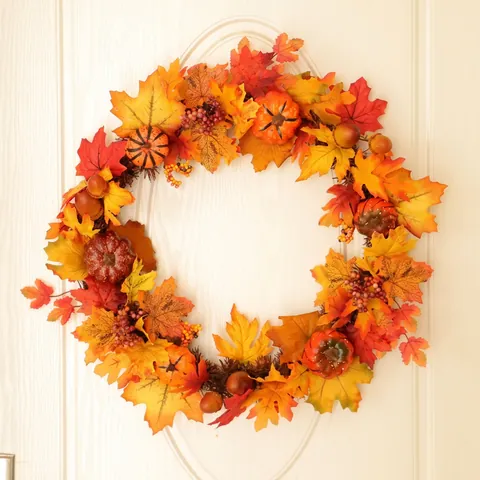 Artificial Autumn Maple Leaf Wreath With Pumpkins Acorns Berries For Thanksgiving Halloween Front Door Decoration Warm LED Light