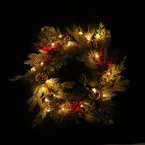 Christmas Wreath With Artificial Pine Needles Snow Tipped Pine Cones And Red Berries Xmas Holiday Front Door Wall Decor