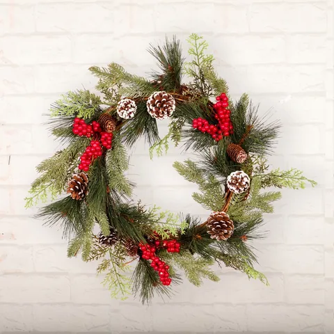 Christmas Wreath With Artificial Pine Needles Snow Tipped Pine Cones And Red Berries Xmas Holiday Front Door Wall Decor