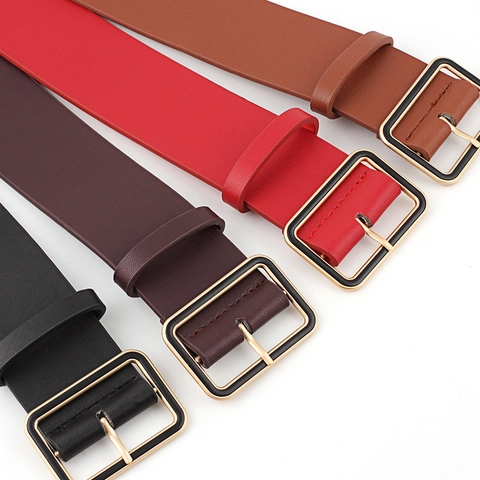 Women Fashion Wide Faux Leather Belt With Square Alloy Buckle Retro Chic Waist Belt For Dresses Down Jacket Minimalist Belt
