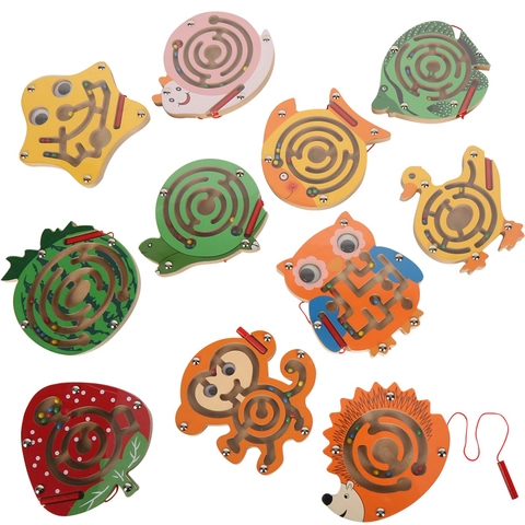 Magnetic Wand Maze Toy Wooden Educational Logic Game Board With Colorful Beads Animal Shape For Toddler Learning