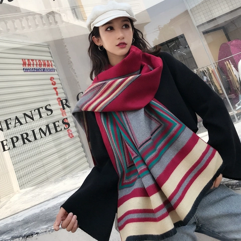 Sciarpa Donna a Righe Color Block in Imitazione Cashmere Scialle Invernale Con Frange Calda Morbida Elegante Avvolgente