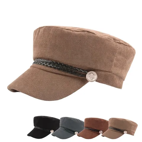Corduroy Matrozenmuts Voor Dames Heren Retro Fiddler Cap Met Gevlochten Touw Metalen Knop Vintage Flat Top Newsboy Pet