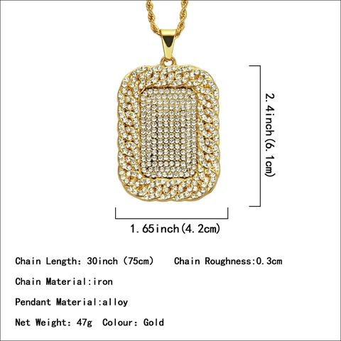 Hip Hop Dog Tag Anhänger Halskette Voller Strass Zinklegierung Eisen Seilkette Punk Schmuck Für Männer Funkelnd