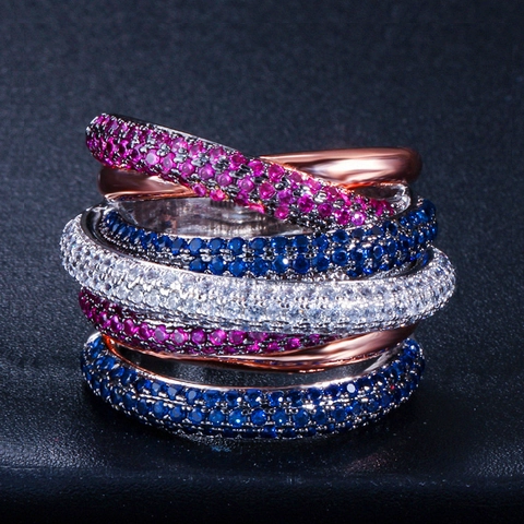 Luxury Copper Zirconia Multi-layer Cross Ring Colorful AAA Zircon Inlaid Western Style Finger Ring For Women Fashion Jewelry