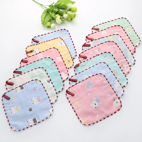 Cotton Gauze Baby Washcloth Soft Absorbent Square Towel Handkerchief Cartoon Print Newborn Face Cleaning Scalloped Edge