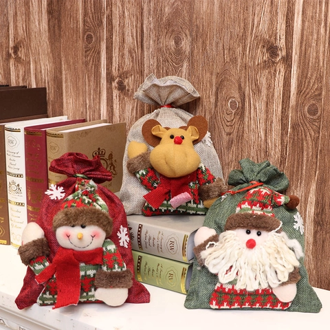 Weihnachts Geschenktüten Kordelzug Sackleinen 3D Plüsch Weihnachtsmann Schneemann Rentier Party Süßigkeitenbeutel