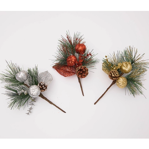 Weihnachtsdeko Kiefernzweig Künstlich Mit Glitzerbeeren Und Natürlichem Tannenzapfen Festlicher Floraler Dekostiel