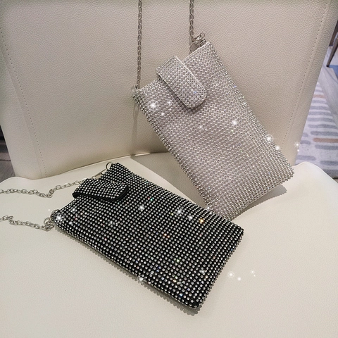 Borsa Porta Cellulare In Strass Scintillante Da Donna Piccola Borsa A Tracolla Con Catena In Metallo Argentato Per Serata