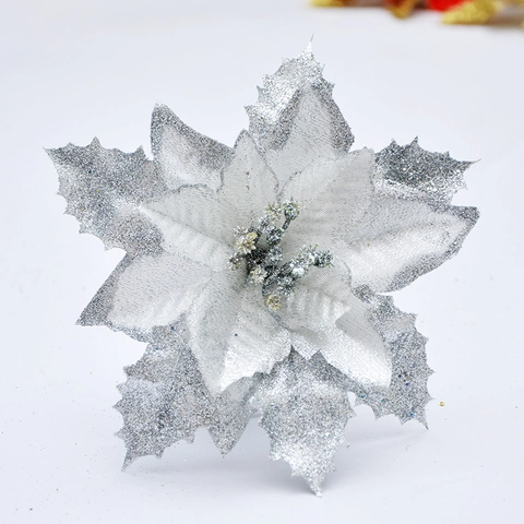 Christmas Poinsettia Artificial Flowers Sparkling Glitter Fabric Flowers For Christmas Tree Wreath Decoration Wedding Party