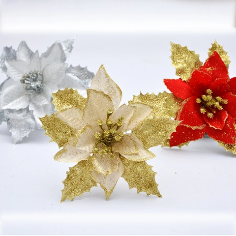Christmas Poinsettia Artificial Flowers Sparkling Glitter Fabric Flowers For Christmas Tree Wreath Decoration Wedding Party