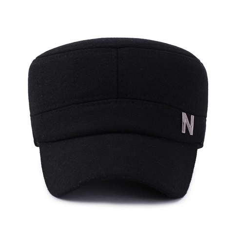 Men Winter Cadet Cap Flat Top Military Hat Warm Thick Polyester Feel Ear Protection Adjustable Casual Solid Color