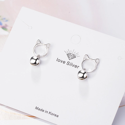 Pendientes De Gato Con Campana Contorno Cabeza Hueca Forma Animal Cobre Chapado En Oro Blanco Para Mujeres