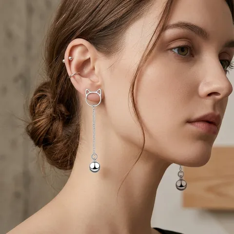Schattige Kat Kop Silhouet Bel Hangende Oorbellen Koper Verzilverd Minimalistisch Lange Kwastje Oorsieraden Vrouwen Sieraden