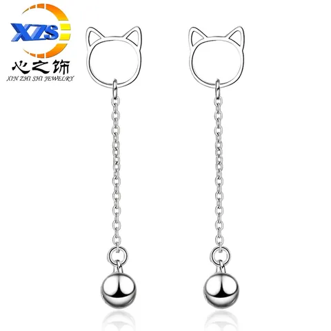 Cute Adorable Cat Head Silhouette Bell Drop Earrings Copper Silver Plated Minimalist Long Tassel Ear Threader Women Jewelry