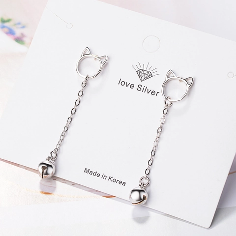 Cute Adorable Cat Head Silhouette Bell Drop Earrings Copper Silver Plated Minimalist Long Tassel Ear Threader Women Jewelry