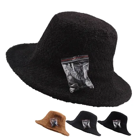 Women Winter Bucket Hat Sherpa Lamb Wool Plush Warm Basin Hat Solid Color Retro Casual Outdoor Soft Accessory